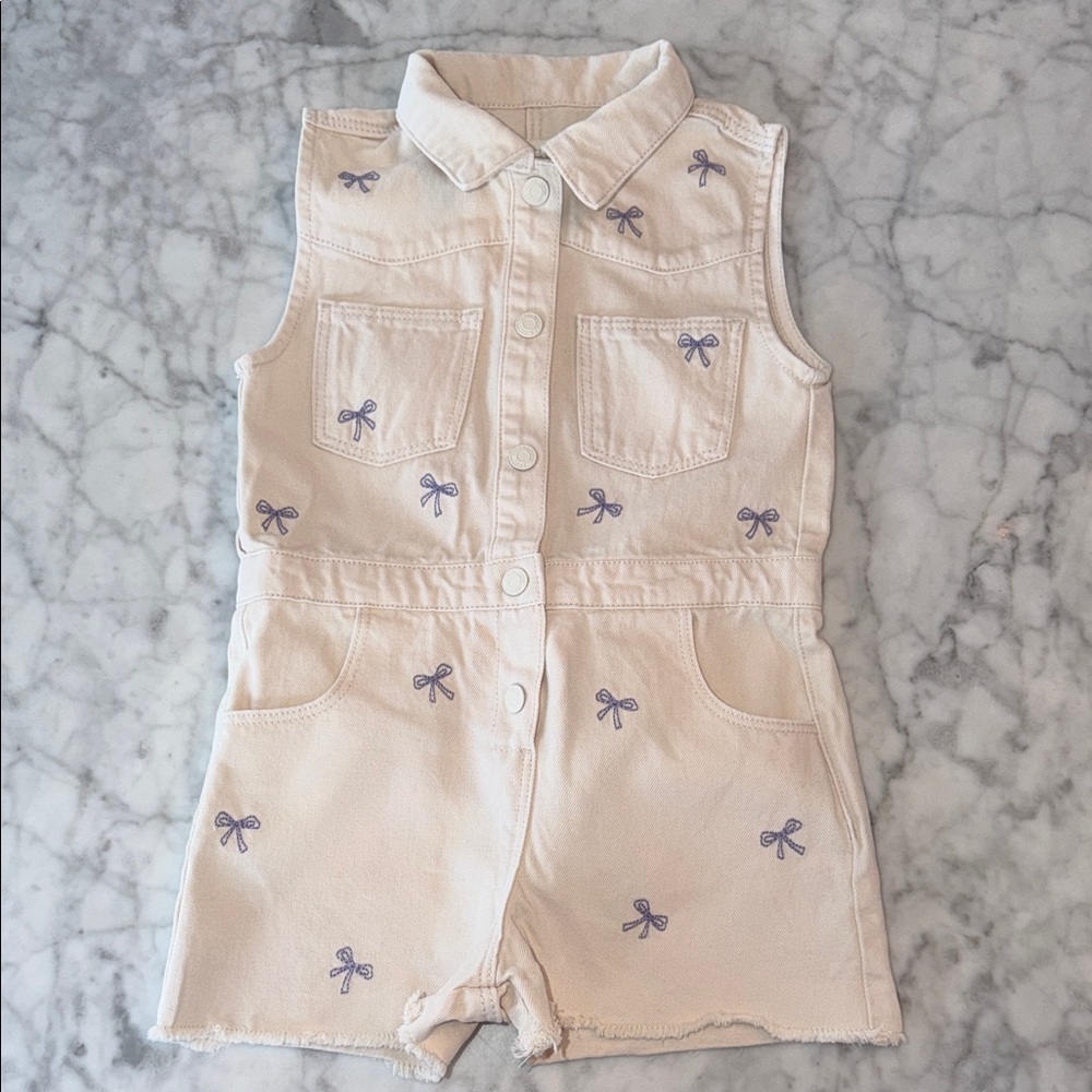 Zara Cream Denim Romper with Lavender Bow Embroidery 3Y